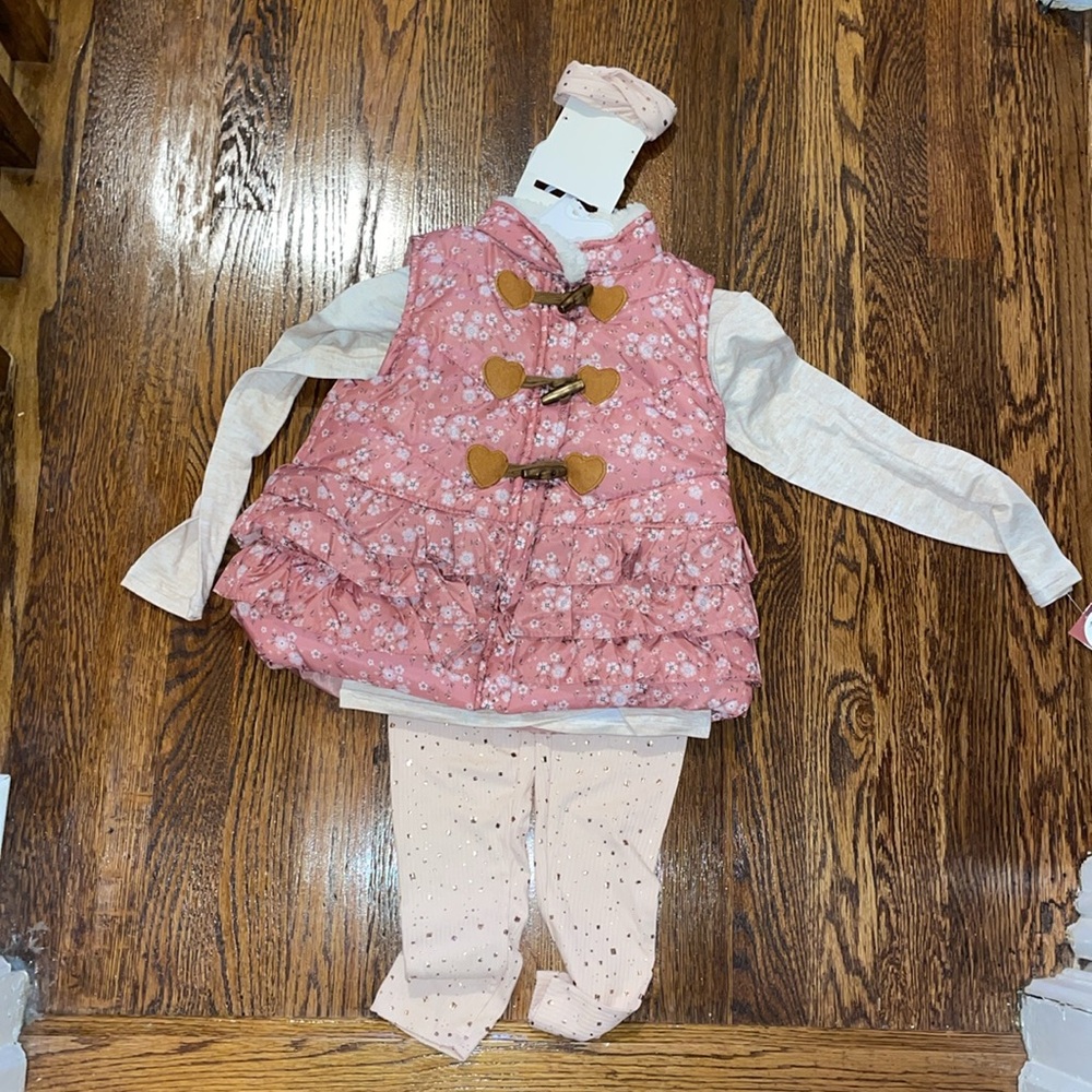 NWT NANNETTE LEPORE GIRLS 3P floral ruffle vest with shirt and sparkle legging 6